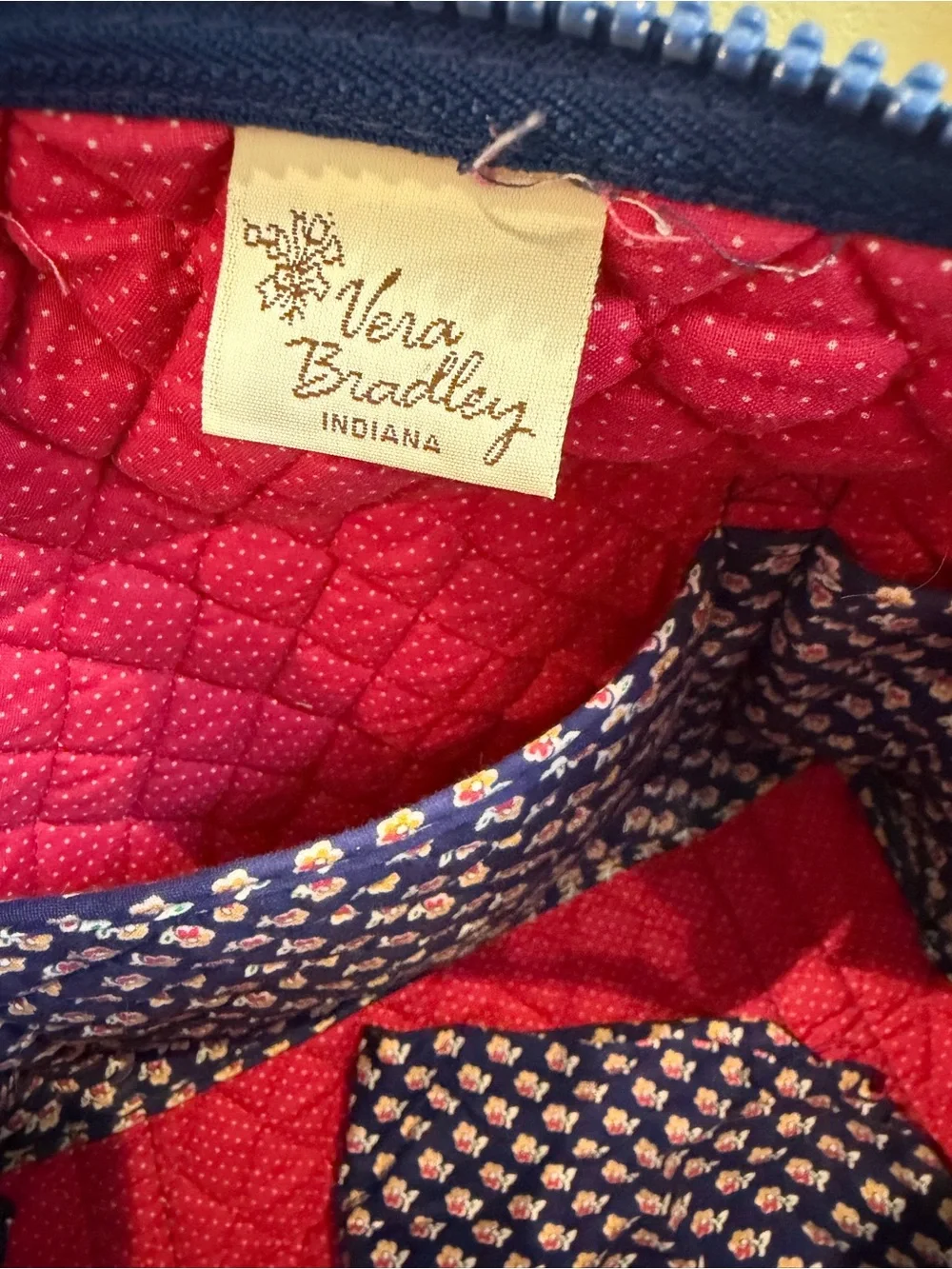 Vintage Vera Bradley Navy Quilted Shoulder Bag with Floral Trim